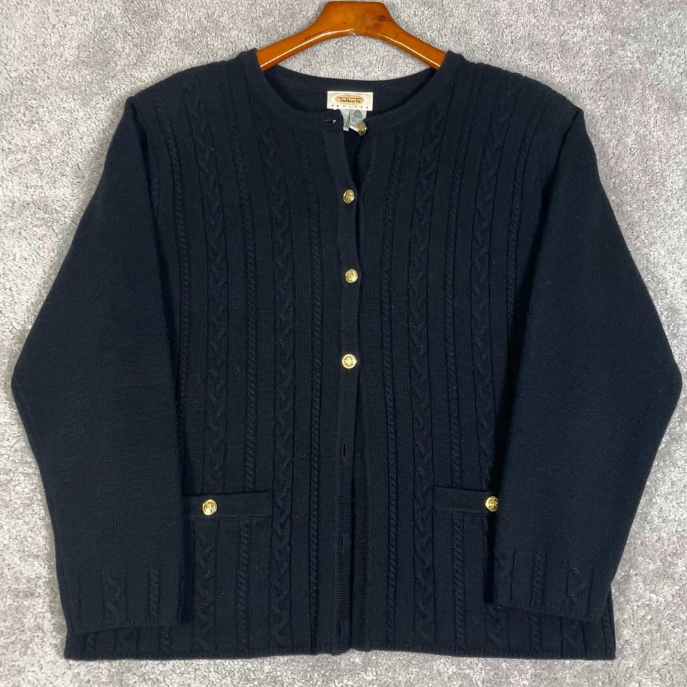 Vintage Talbots Cardigan Sweater Womens LP Black Cable Knit Wool Gold Buttons